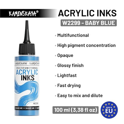Kamenskaya Acrylic Inks for Artists - 'Baby Blue' Acrylic Ink, 3.38 Fl Oz (100 ml) - color: Baby Blue