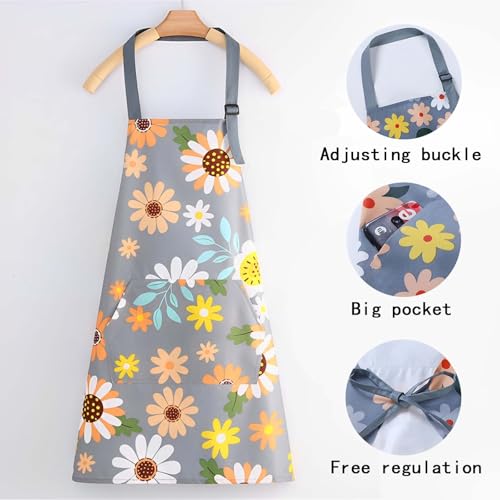 Floral Aprons with Pocket Blooming Women Waterproof Apron Adjustable Neck Long Ties Women Men Cook Baking Garden - color: Sunflower Grey