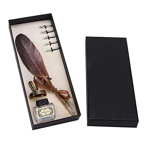 Quill Pen Set, Vintage Calligraphy Pen Retro Style Writing Pen Set Dip Pen with No Ink for Writing and Signing Invitations (Brown) - color: Brown