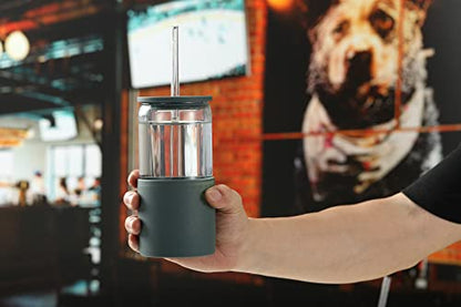 Sunseeke Glass Tumbler with Straw and Lid, 16oz Ice Coffee Cup, Silicone Sleeve Cleaning Brushes, Drinking Glasses for Water, Iced Coffee, Smoothie -BPA Free -3Pack - color: Butteruum, Slate blue-gray, Light green