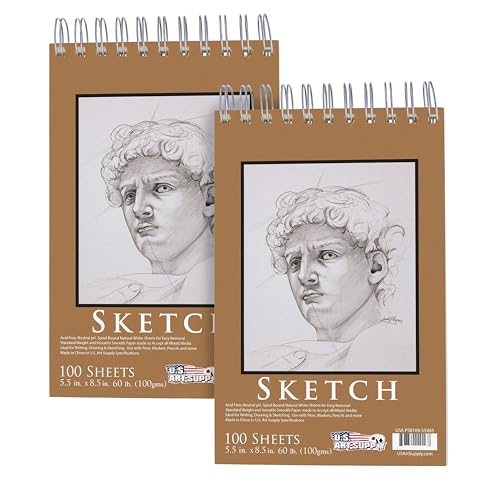 U.S. Art Supply 5.5"x8.5" Top Spiral Bound Sketch Book, 2 Pack, 100 Sheets Each, 60lb (100gsm), Acid-Free, Artist Sketchbook, Drawing Pad for Adults & Students - size: 5.5-x-8.5-inch