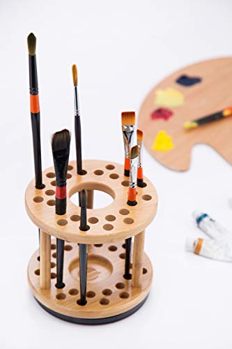JackCubeDesign 360 Rotating Paint Brush Holder Bamboo Watercolor Artist Brush Water Coloring Organizer Display Stand Tray Rack with 27 Holes and 1 Big Hole – MK441A