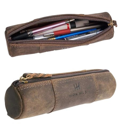 Leather Pencil Case -100% Leather Zippered Pen Pouch - Stationery Bag Pen Holder for Work & Office (Brown) - color: Brown