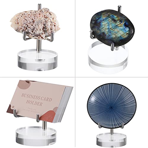 Hipiwe Clear Acrylic Display Stand Holder with Adjustable Metal Arms Display Easel Stands for Gemstones Fossils Minerals Agate Slabs Plates Crystals Saucers Collectibles, 2.8*2.8*4.1 inch