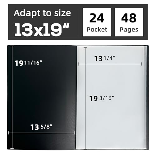JJRING 13x19 Art Portfolio Folder with Plastic Sleeves, 24-Pocket Portfolio Binder Displaying 48 Pages, Presentation Book with Black Inner Paper for Artwork Storage, Black - size: 13*19
