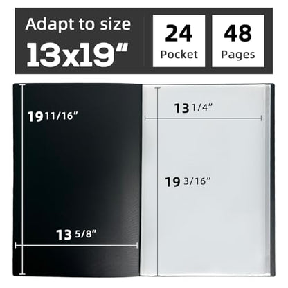 JJRING 13x19 Art Portfolio Folder with Plastic Sleeves, 24-Pocket Portfolio Binder Displaying 48 Pages, Presentation Book with Black Inner Paper for Artwork Storage, Black - size: 13*19