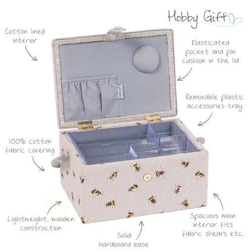Hobby Gift Medium Sewing Box Organiser, Fabric Covered Storage Box with Handle, Internal Tray, Pin Cushion and Pocket for Sewing, Quilting and Knitting Supplies - color: Bees