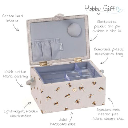 Hobby Gift Medium Sewing Box Organiser, Fabric Covered Storage Box with Handle, Internal Tray, Pin Cushion and Pocket for Sewing, Quilting and Knitting Supplies - color: Bees