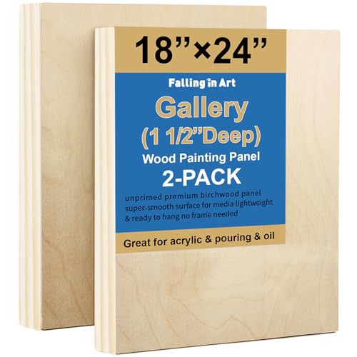 Falling in Art 2 Pack Unfinished Wooden Canvas Panels, 18x24 Gallery Birch Wood Panels Kit, 1 1/2" Deep Art Cradle Boards for Acrylic Painting, Pouring and Burning - size: 18*24 2 Pack