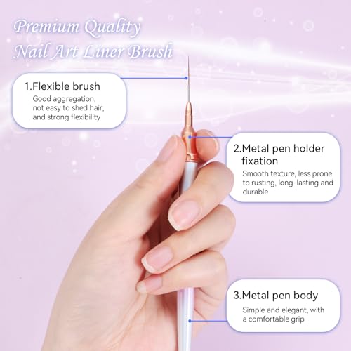 5Pcs Nail Art Liner Brushes For UV Gel Polish, Metal Handle Thin Lines Fine Drawing Pen Painting Striping Detail Design Nails Brush Set Manicure DIY Tool, Sizes 7/9/12/15/20mm（Gradient powder） - color: Gradient Powder