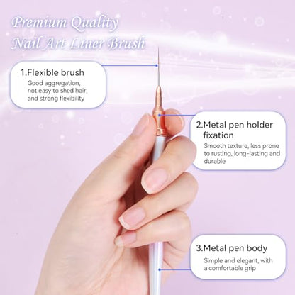 5Pcs Nail Art Liner Brushes For UV Gel Polish, Metal Handle Thin Lines Fine Drawing Pen Painting Striping Detail Design Nails Brush Set Manicure DIY Tool, Sizes 7/9/12/15/20mm（Gradient powder） - color: Gradient Powder
