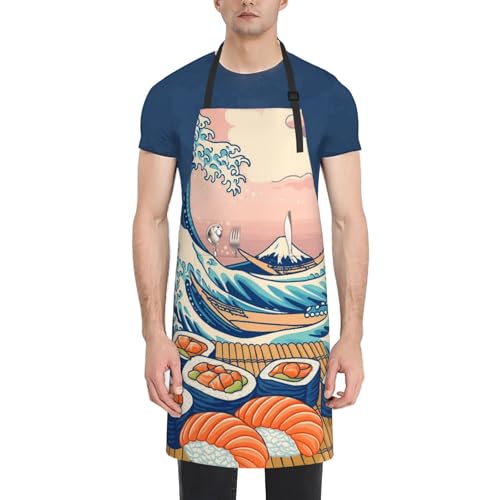 KKdskkds Tribal Boho Geometric Multi-Purpose Adjustable Waterproof Apron With Pocket For Men Women - color: Sushi Wave and Fujiyama