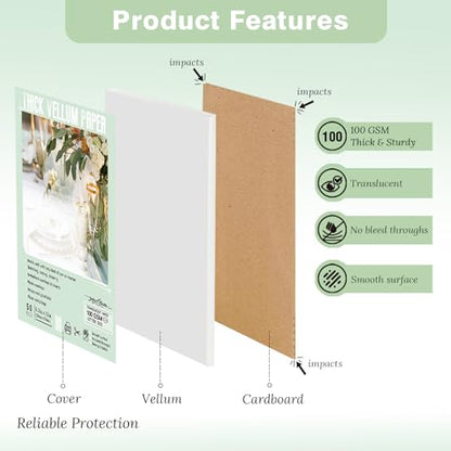 JAGERGREEN Vellum Paper 8.5 x 11 Inches 100GSM 50 Sheets, Thick Translucent Printable Vellum Paper for Invitations, Belly Bands, Tracing, Sketching - size: 50 PCS