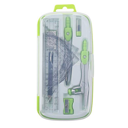 Unjoo Math Geometry Kit Sets 10 Piece Student Supplies with Shatterproof Storage Box,Includes Rulers,Protractor,Compass,Eraser,Pencil Sharpener,Lead Refills,Pencil,for Drafting and Drawings（Green） - color: Green