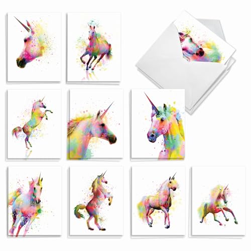 The Best Card Company Assorted Watercolor Blank Greeting Card Box Set - Incl. 10 Notecards + Envelopes, 20 Unique Designs for Thank You, Invitations, More - Funky Rainbow Unicorns AM6748OCB-B2x10-NB - style: Funky Rainbow Unicorns
