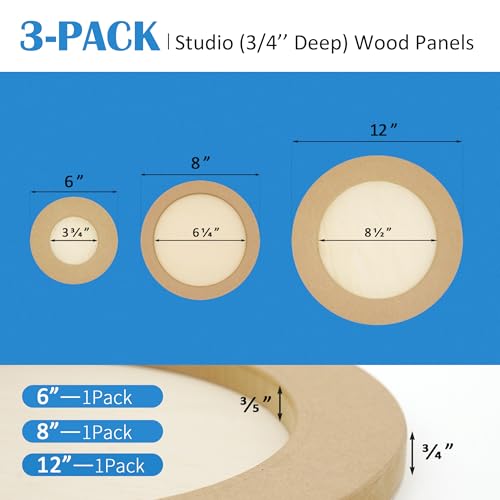 Falling in Art Unfinished Round Birch Wood Panels Kit for Painting, Wooden Canvas 3 Pack of 6, 8", and 12" Studio 3/4" Deep, Cradle Boards for Pouring, Art, Crafts, Burning and More - size: 6‘+8'+12' round 1 PACK