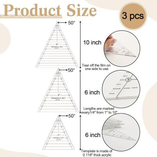 3 Set Tall Triangle Quilting Rulers for Quilting Templates 6 8 10 Inch Wedge Triangle Quilting Rulers and Templates, Sewing Templates for Sewing Cut Measurement DIY Craft Quilting Tools - size: quilting-3