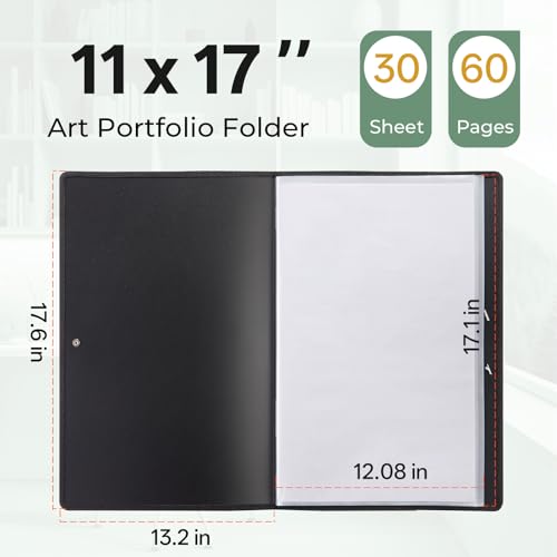 Nicpro 11"x17" Art Portfolio, 30 Pockets Display 60 Pages Art Portfolio Folder with Clear Plastic Sleeves, Artwork Storage Presentation Book for Artists, Painting Carrier Case - size: 11x17"