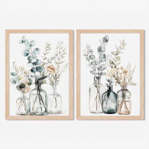 Framed Boho Eucalyptus Wall Art 2Pcs,Sage Green Plant and Flower in Glass Vase Canvas Prints, Minimalist Botanical Painting Picture, Nature Poster Artwork for Living Room,Bathroom, Kitchen Wall Decor 8X10IN - color: Boho Eucalyptus Framed, size: 10"L x 8"