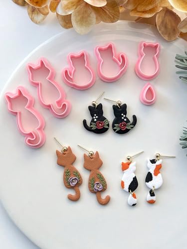 Cute Cat Shaped Clay Earring Cutters Set, Assorted Designs (Calico Cat, Floral Cat), Professional Clay Molds for Handmade Pet Lover Crafts