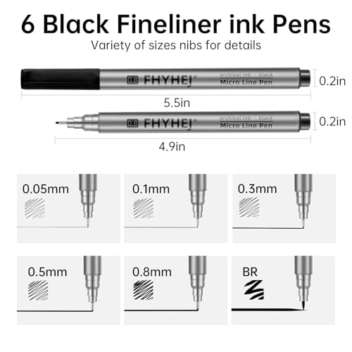 Micro Fineliner Drawing Art Pens: 6 Black Fine Line Ink Set Artist Supplies Archival Inking Markers Liner Professional Sketch Outline Anime Sketching Artist Illustration Watercolor