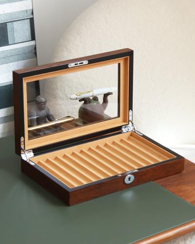 Fountain Pen Display Case with 12 Pens, Wood Pen Display Box, Lockable Pen Storage Box with Glass Top, Pen Box Organizer, Pen Collection Display Case (Brown with Camel Velvet) - color: brown 12 slots, camel velvet
