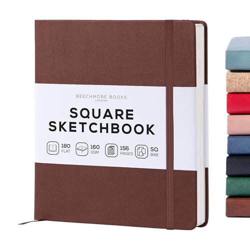 Beechmore Books Square Mixed Media Sketchbook - 8"x8" Inch Professional Art Journal, 160 GSM / 98 lb Ivory Paper, Perforated Pages, Vegan Leather Hardcover, Lay-Flat Design for Drawing & Doodling - color: Chestnut Brown, size: Square - 8" x 8"