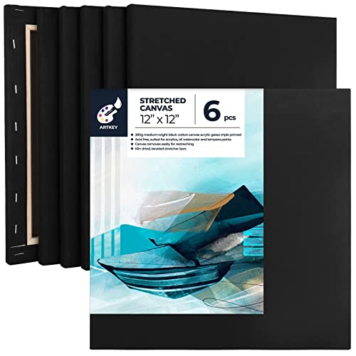Artkey Black Canvas, 12x12 Inch 6-Pack Stretched Canvases for Painting, 10 oz Triple Primed Acid-Free 100% Cotton Black Canvas for Painting, Paint Canvas for Acrylics Pouring Oil Watercolor Paints - size: 12"X12"(6-PACK)