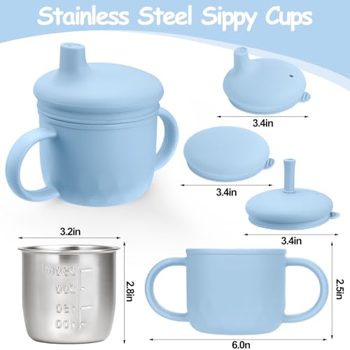 Mity rain 3-In-1 Stainless Steel Sippy Cup for 6+ Month Old, Baby Straw Cups for Toddlers 1-3 with Travel Lid, Silicone Straw, Replacement Straw & Cleaning Brush - 8oz Toddler Cups Spill Proof Set - color: Blue
