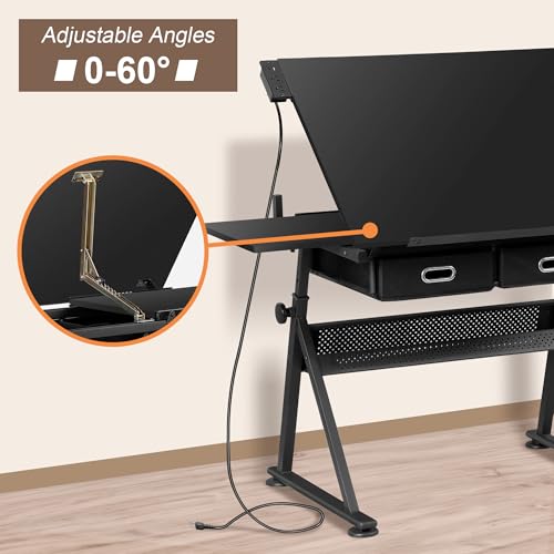 ZENY Adjustable Drafting Table with Stool, Tilting Drawing Desk Artist Table with Storage Drawers, Art Craft Workstation for Home Office Reading, Writing, Crafting (Black-with Outlet) - color: Black-with Outlet
