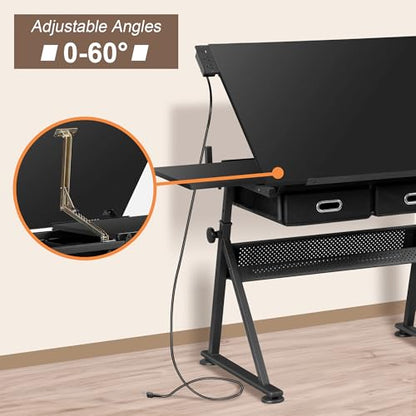 ZENY Adjustable Drafting Table with Stool, Tilting Drawing Desk Artist Table with Storage Drawers, Art Craft Workstation for Home Office Reading, Writing, Crafting (Black-with Outlet) - color: Black-with Outlet