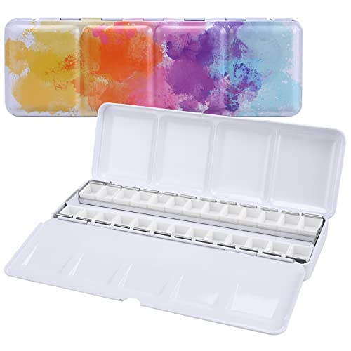 Empty Watercolor Palette, Empty Watercolor Tin with Fold Out Palette, Medium Colorful Watercolor Tray Palette with 26 Empty Half Pans for Plein Air Painting and Sketching - color: Colorful, size: 26 Empty Half Pans