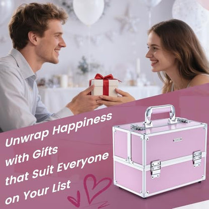 Frenessa Makeup Train Case Large Portable Cosmetic Case - 6 Tier Trays Professional Makeup Storage Organizer Box Make Up Carrier with Lockable keys - Pink - color: Pink
