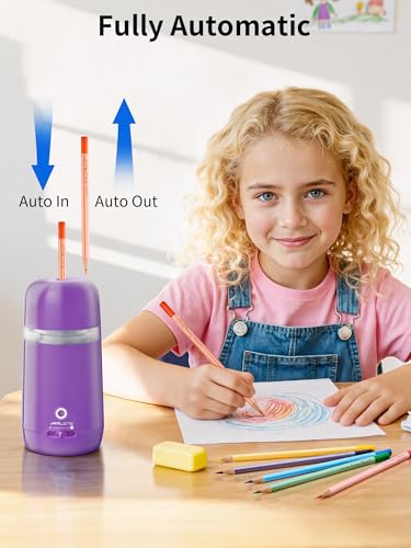 JARLINK Automatic Electric Pencil Sharpener - Hands-Free Operation, 3 Sharpness Modes, 3-Second Sharpening, Rechargeable & Portable for 7-12mm Pencils, Ideal for Classroom and Home Use (Purple) - color: Purple