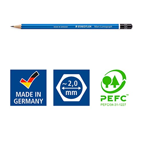 STAEDTLER Mars Lumograph 6H Graphite Art Drawing Pencil, Medium Hard, Break-Resistant Bonded Lead, 12 Pack, 100-6H, blue (100-6H VE) - style: 6H
