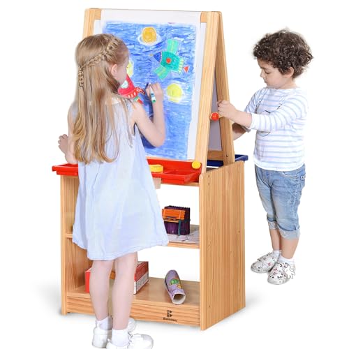Dual-Sided Magnetic Art Easel, Wooden Activity Station w/ 2-Tier Storage Cabinet, Art Center for Toddlers, Classroom Whiteboard & Chalkboard