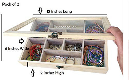 2 Pack Unfinished Wooden Jewelry Organizer Box with Glass Lid – 14 Compartment Bead & Craft Storage Case – DIY Paintable Wood Display Box for Jewelry, Gems, Supplies