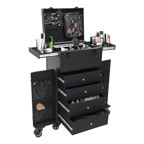 44.09lbs Lockable Makeup Train Case,Rolling Hairdressing Trolley,Beauty Salon Cosmetic Luggage with Universal Wheels for Hair Stylist,Make-up Artists (Black 8) - color: Black 8