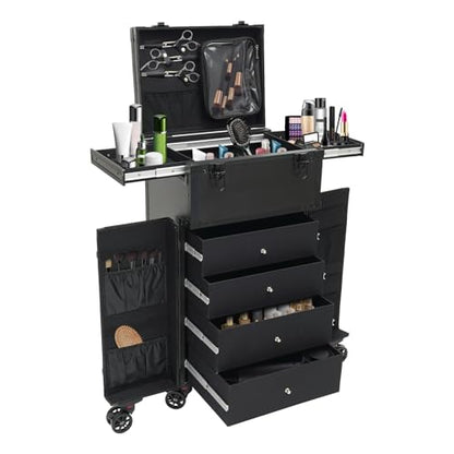 44.09lbs Lockable Makeup Train Case,Rolling Hairdressing Trolley,Beauty Salon Cosmetic Luggage with Universal Wheels for Hair Stylist,Make-up Artists (Black 8) - color: Black 8