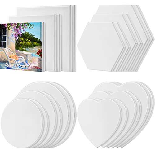 Thenshop 24 Pieces Stretched Canvas for Painting Bulk Blank Canvas Board, Square Round Hexagon Heart Shaped Frame for Kids Art Supplies for Acrylic Pouring Oil Painting(Assorted Shapes)