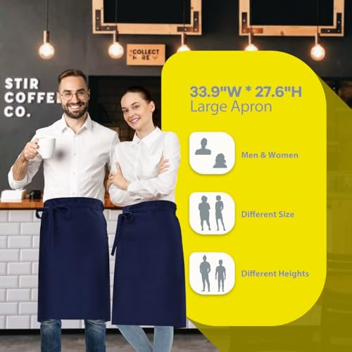 ROTANET Long Server Apron Black with 3 Pockets Bistro Half Aprons for Men Women Waiter Waitress Chef 28 Inch Waterproof - color: Navy Blue