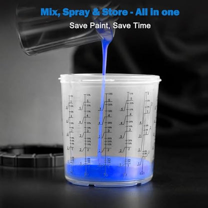 Disposable Paint Spray Gun Cup 50 Pack 22 Ounce(650ML) Disposable Mixing Cups for Automotive Spray Gun with 50 Liners and Lids System, with Retainer Ring, 2 Adapters for Paint Gun (22 Ounce- 50pack) - size: 22 Ounce- 50pack