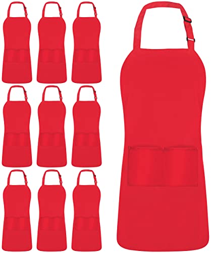 Utopia Kitchen 10 Pack Bib Apron Adjustable with 2 Pockets, Water and Oil Resistant, Cooking Kitchen Chef Apron for Women Men - color: Red