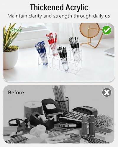 Multi-Compartment Clear Acrylic Pen Holder for Desk | Slanted Desktop Pencil Organizer & Marker Storage Case | Premium Hardware Stationary Cup for Home & Office (2 Tier) - size: 2 Layers