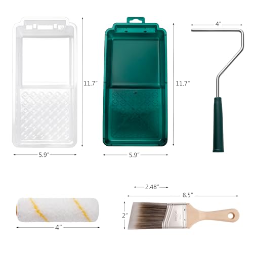 Paint Roller Kit, 17 Pack, 4 Inch Paint Roller, Small Paint Roller with Tray Liners, Paint Brushes for Walls, Microfiber Roller Covers, Mini Paint Kit for Painting Doors, Cabinets and Home - color: 4" paint roller kits, paint brush
