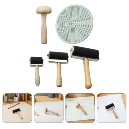 OFFSCH 5pcs Rubber and Wooden Roller Set for DIY Block Printing with Ink Rubbing Tool and Wooden Mushroom Roller, Multi-Size Crafting Stamping Accessories for Art Projects