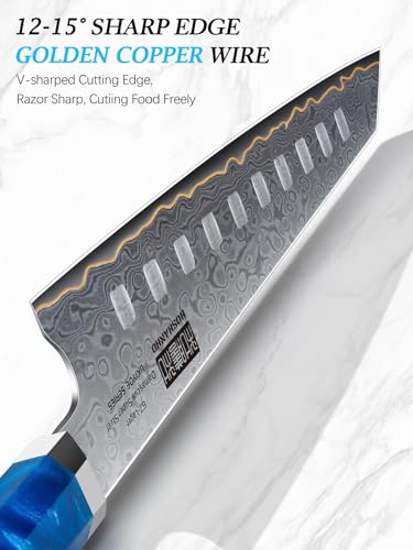 HOSHANHO Damascus Santoku Knife 7 Inch, 67-Layer Damascus Steel Chef Knife, Ultra Sharp Professional Kitchen Knives with Ergonomic Blue Resin Stabilized Wood Handle and Wood Gift Box - size: 7"