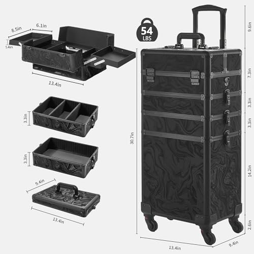 Somduy Rolling Makeup Case, Makeup Train Case with Lid, 5 in 1 Cosmetology Case on Wheels, Christmas Gift, Large Makeup Organizers, Profesional Cosmetic Case for Salon Barber, Pattern Black - color: Pattern Black