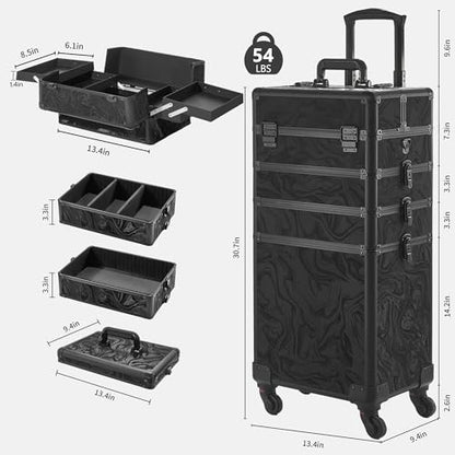 Somduy Rolling Makeup Case, Makeup Train Case with Lid, 5 in 1 Cosmetology Case on Wheels, Christmas Gift, Large Makeup Organizers, Profesional Cosmetic Case for Salon Barber, Pattern Black - color: Pattern Black