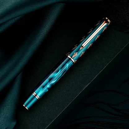 Hongdian N7 Blue Peacock Resin Piston Fountain Pen, Iridium Extra Fine Nib Classic Pen, Smooth Writing Pen with Metal Box - color: Blue-N7, style: Extra Fine Point